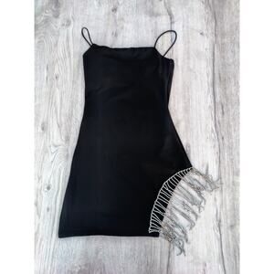 Rhinestone Fringe Black Mini‎ Dress Side Slit Bodycon  Party/NYE  Clubwear